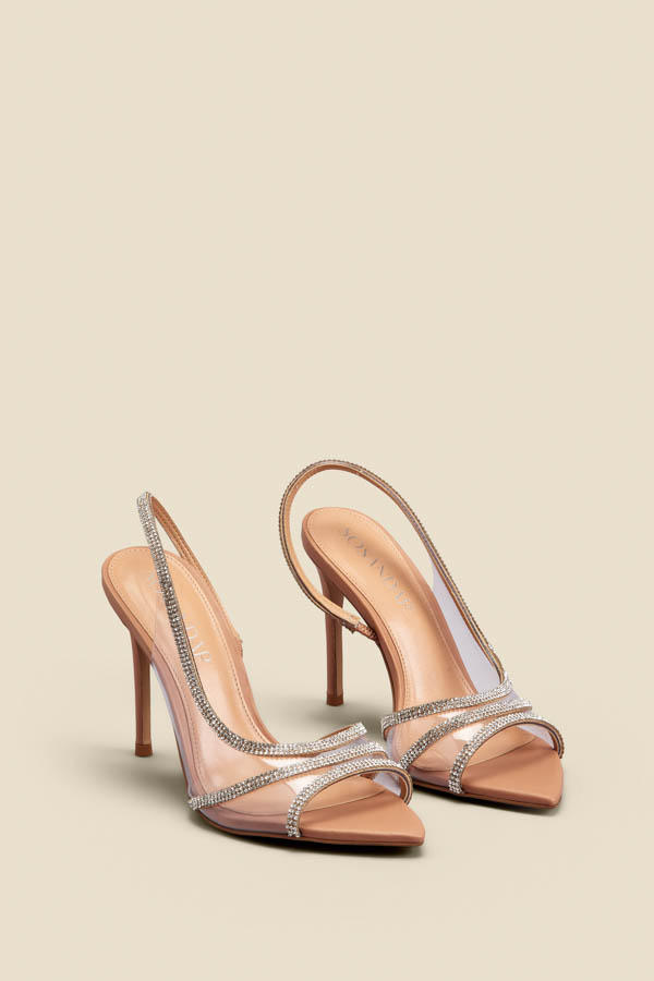 Nude Perspex Diamante Trim Pointed Toe Slingback Court Shoe