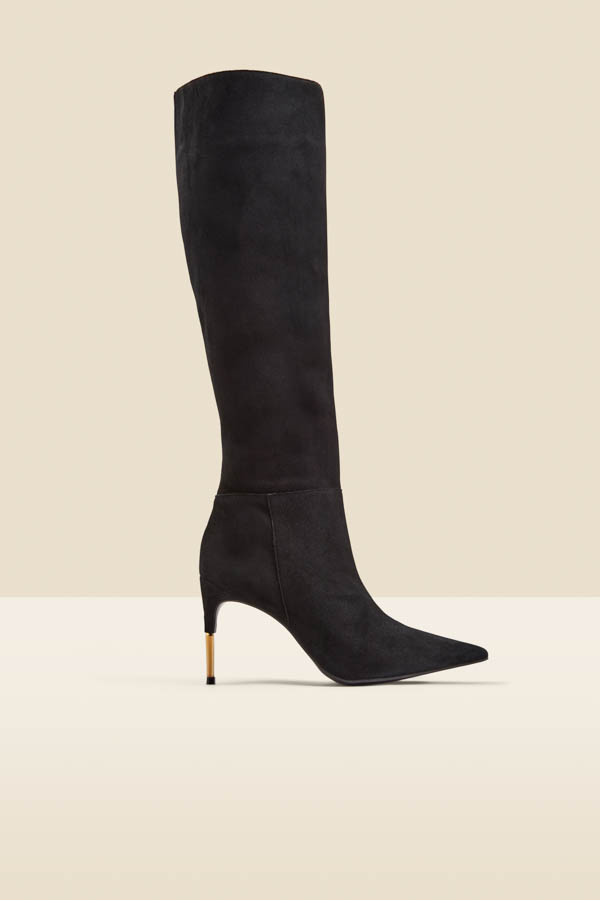 Black Suede Knee High Boot With Gold Heel Detail