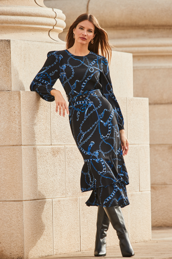 blue chain print dress Black & Blue Chain Print Ruffle Hem Fit & Flare Dress