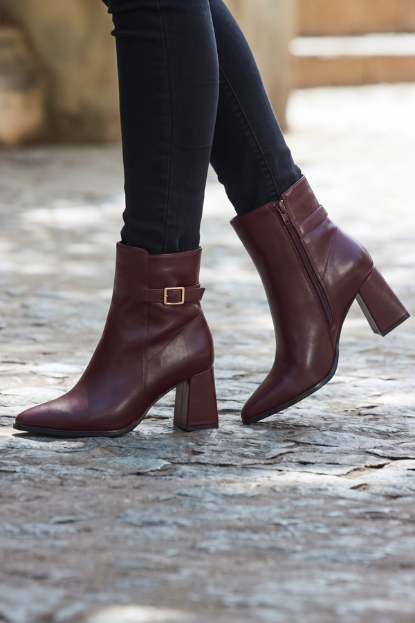 Burgundy Block Heel Ankle Boots With Buckle Trim
