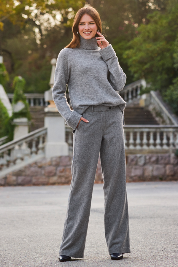 Grey Wool Blend Wide Leg Trousers