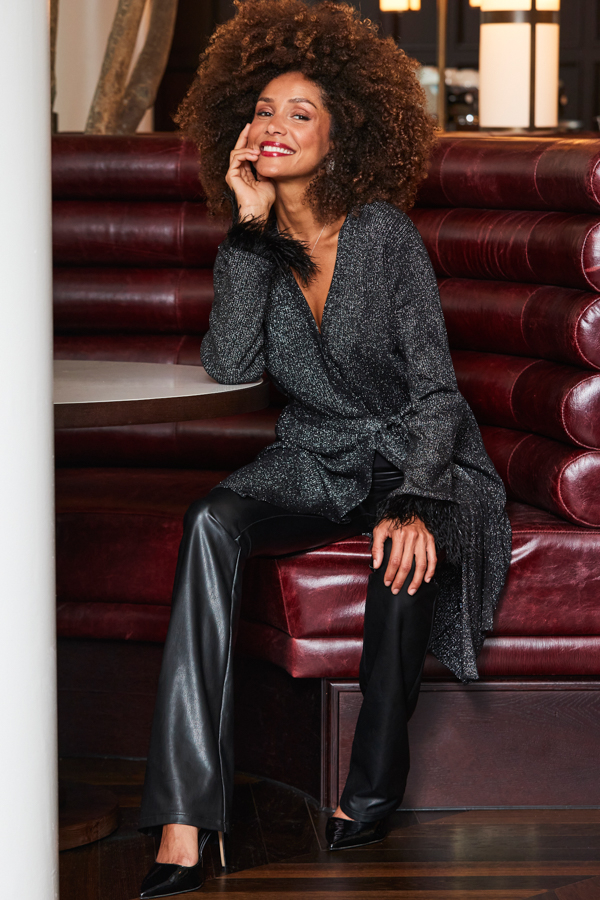 Black Metallic Longline Belted Cardigan With Feather Cuff