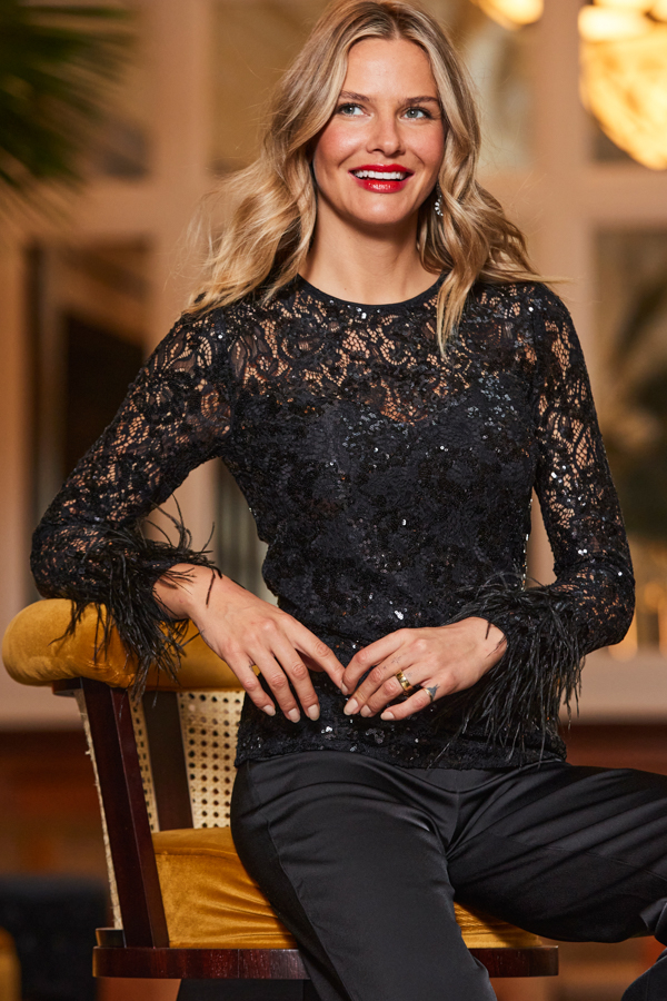 Black Lace & Embellished Feather Trim Top