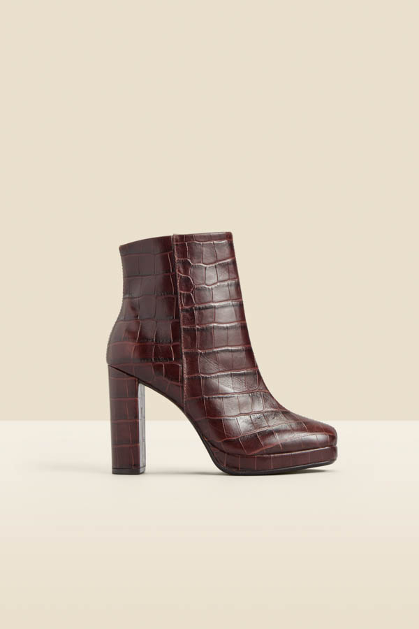 Chocolate Croc Leather Block Heel Platform Ankle Boot