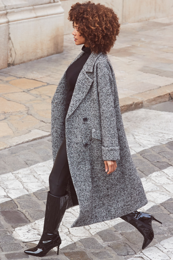 Grey & Black Herringbone Wool Mix Longline Coat