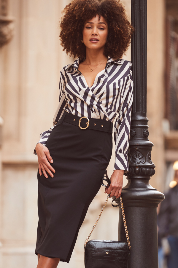 Black & Champagne Gold Two Part Belted Pencil Dress