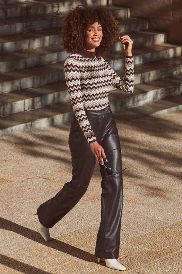 Chocolate Brown Metallic Chevron High Neck Jumper