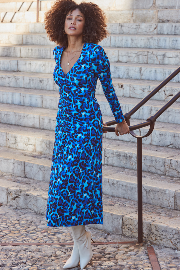 Blue & Black Animal Print Ruched Detail Jersey Midi Dress