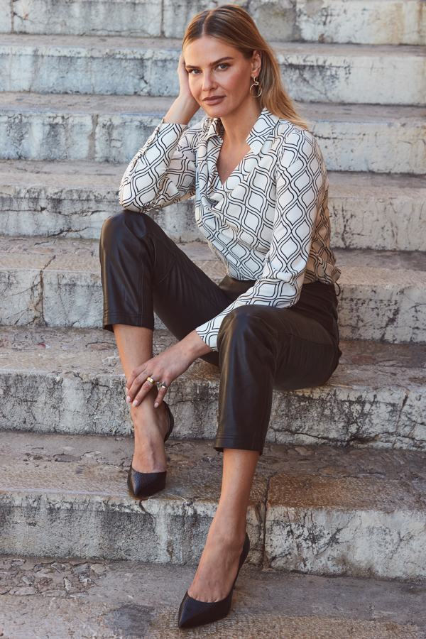 Ivory Geometric Print Satin Cowl Neck Top