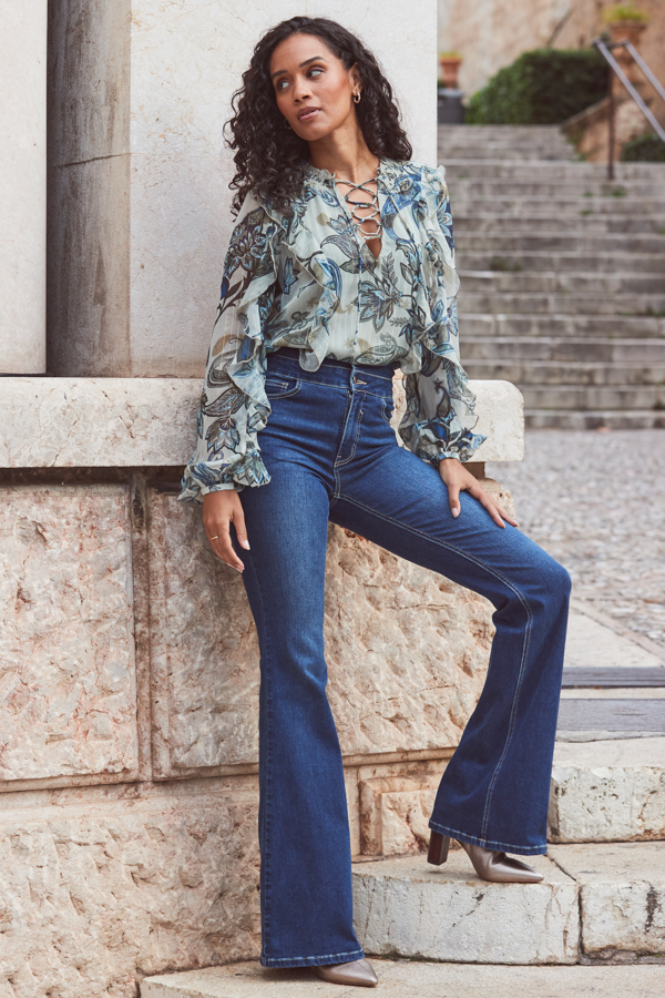 Green Paisley Floral Print Lace Up Blouse