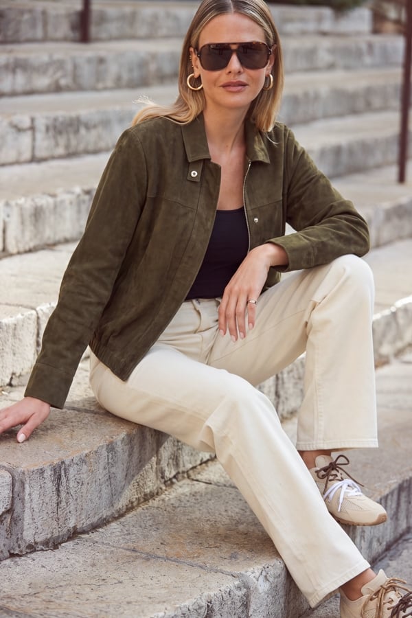Khaki Green Suede Bomber Jacket