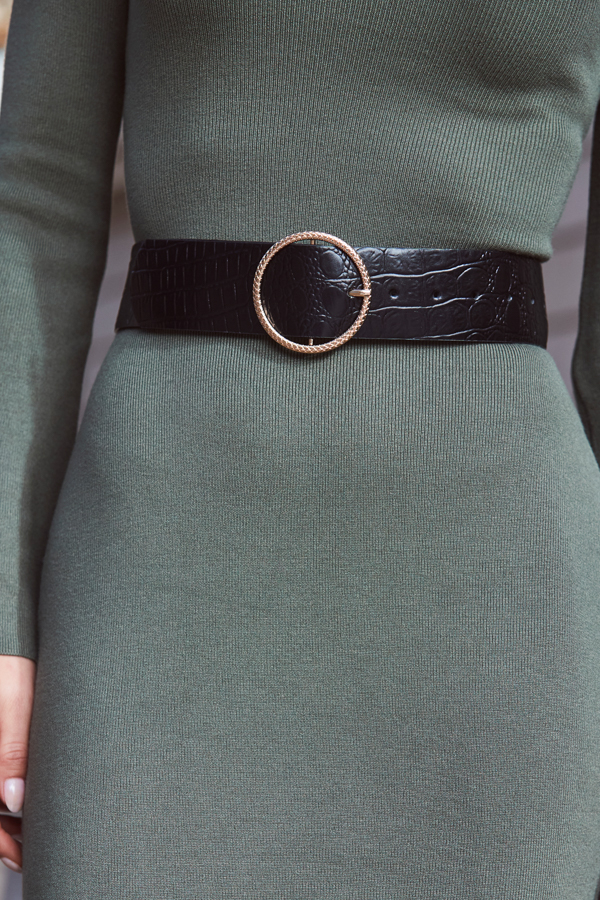 Black Croc Leather Belt With Round Buckle