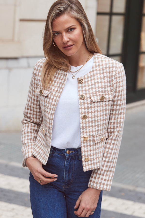 Natural Houndstooth Print Collarless Jacket