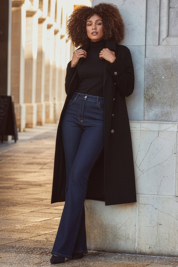 Black Longline Trench Coat With Faux Leather Trim