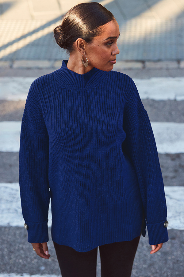 Deep Blue High Neck Folded Button Cuff Jumper