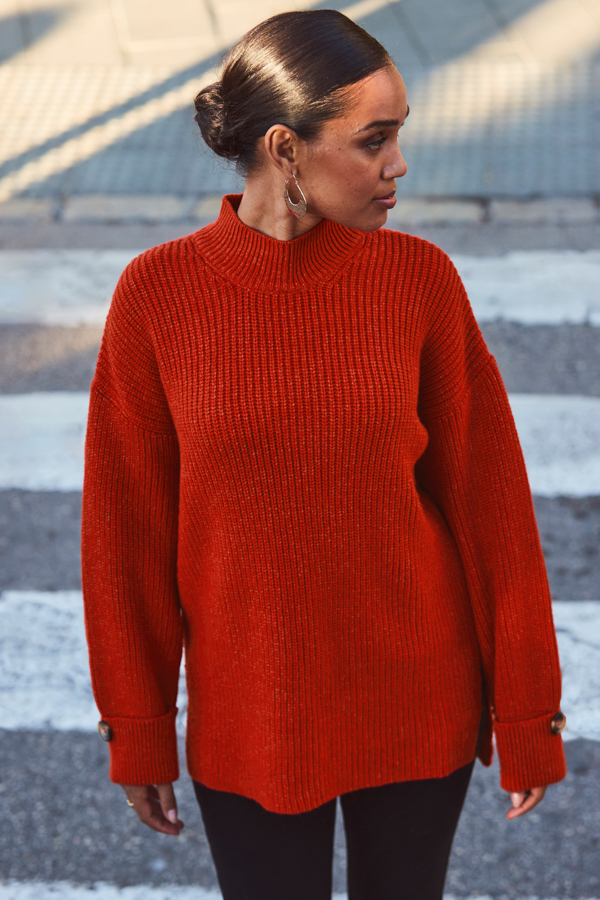 Red High Neck Folded Button Cuff Jumper