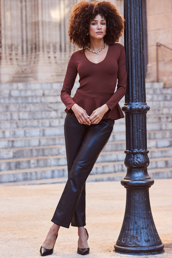 Chocolate Brown Peplum Hem Fine Knit Top