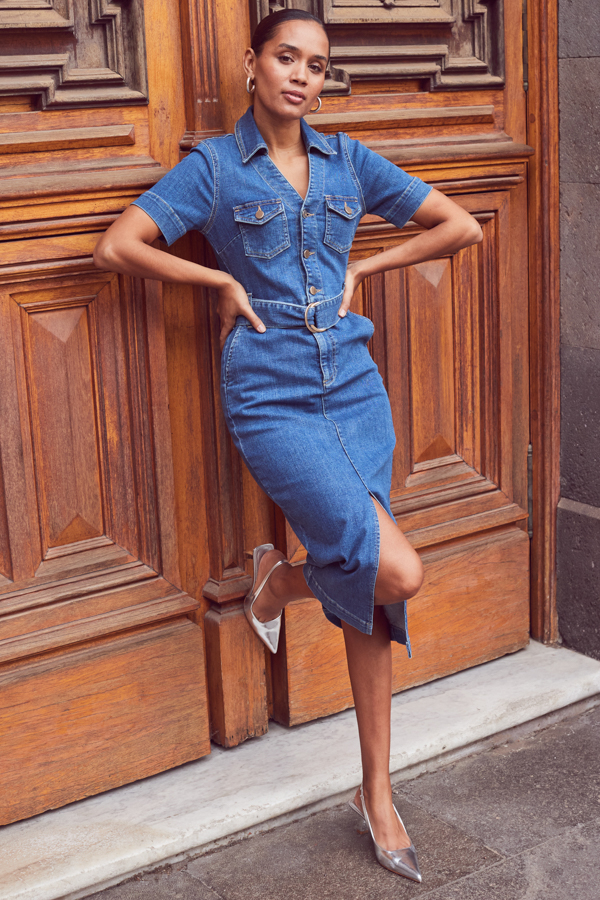 Mid Blue Denim Belted Utility Midi Dress