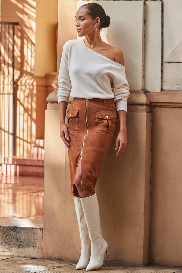 Tan Suede Zip Front Pocket Detail Pencil Skirt