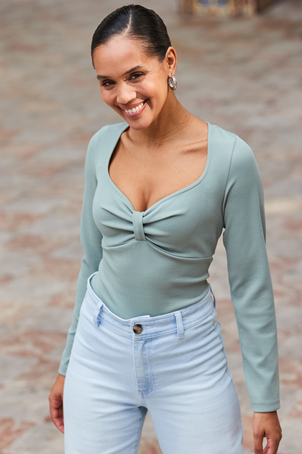 Sage Green Jacquard Ribbed Jersey Top