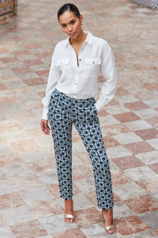 Blue Geometric Print Tapered Leg Trousers