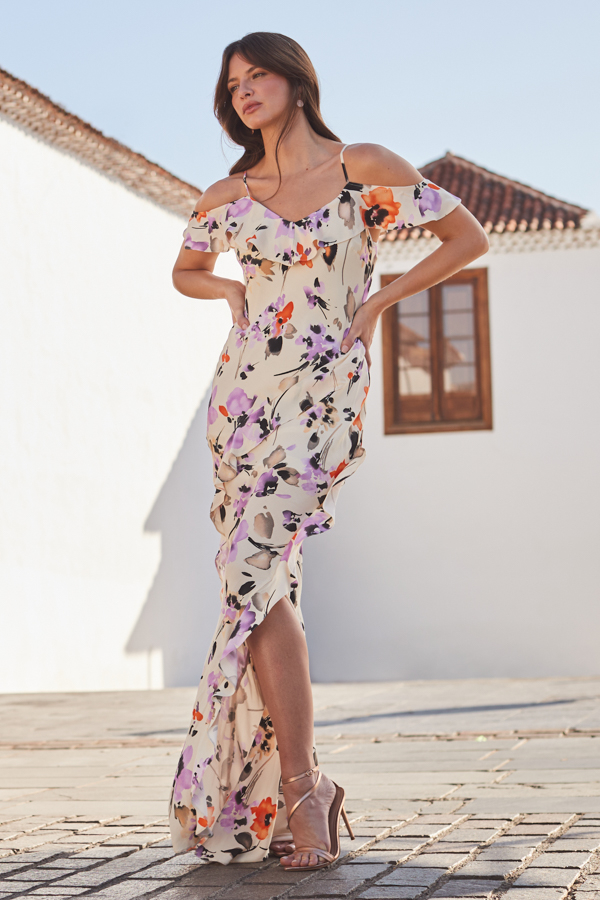 Ivory Floral Print Ruffle Detail Cold Shoulder Maxi Dress