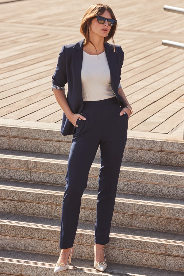 Navy Blue Side Button Tapered Leg Trousers