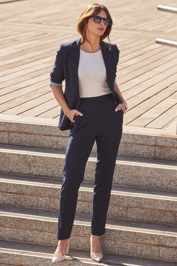 Petite Navy Blue Side Button Tapered Leg Trousers