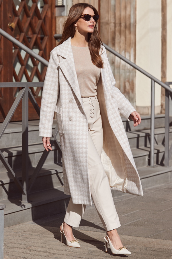 Natural Houndstooth Print Longline Coat