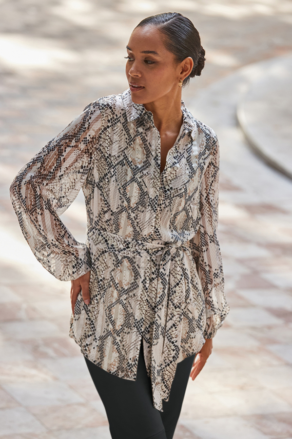 Petite Snake Print Relaxed Fit Belted Longline Shirt