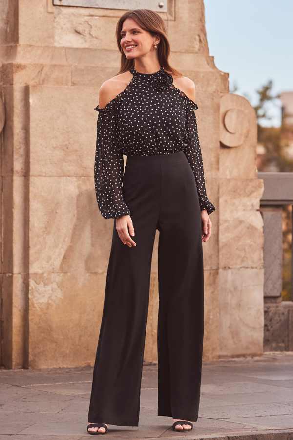 Black Spot Print Corsage Detail Cold Shoulder Two Part Jumpsuit