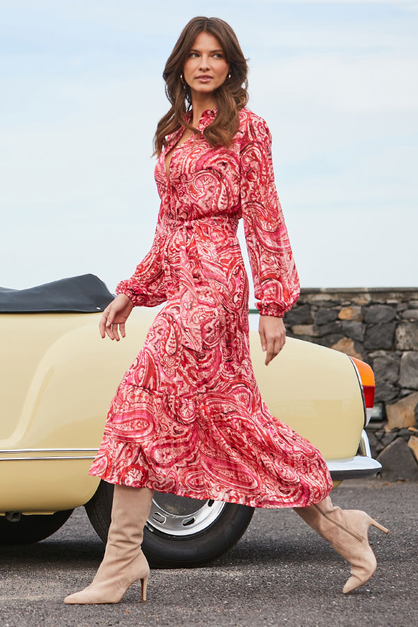 Petite Red Paisley Print Belted Midi Shirt Dress