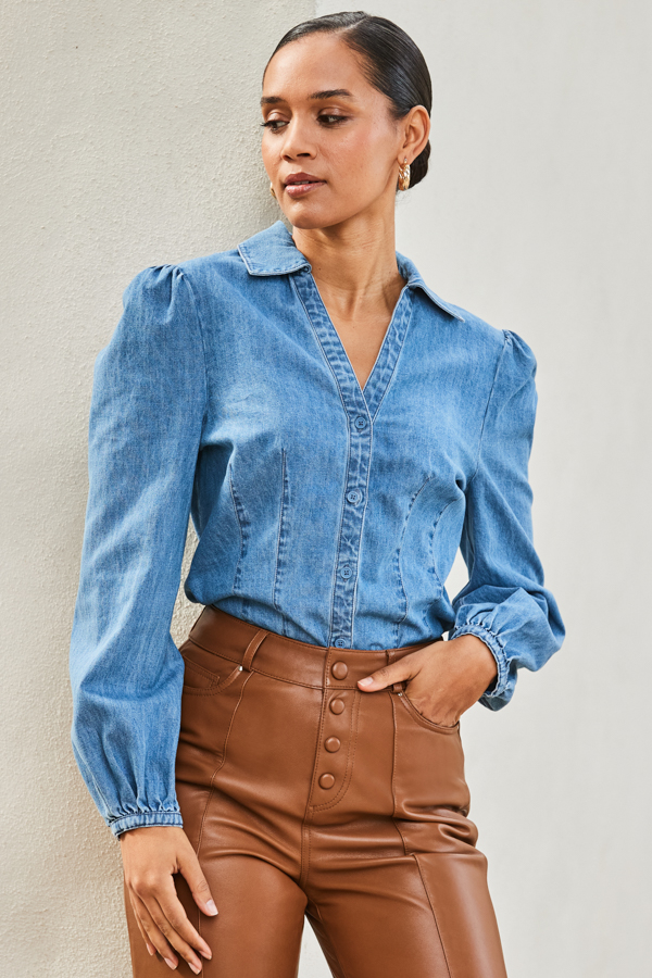 Mid Blue Denim Balloon Sleeve Shirt