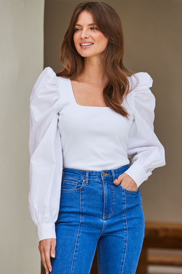 Petite Ivory Puff Sleeve Rib Jersey Top