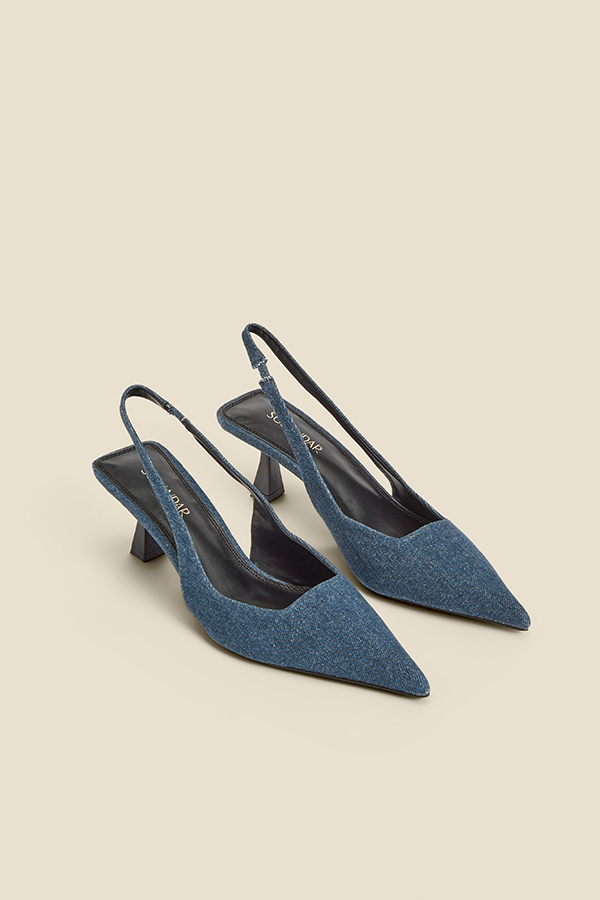 Indigo Blue Denim Kitten Heel Slingback Court Shoes