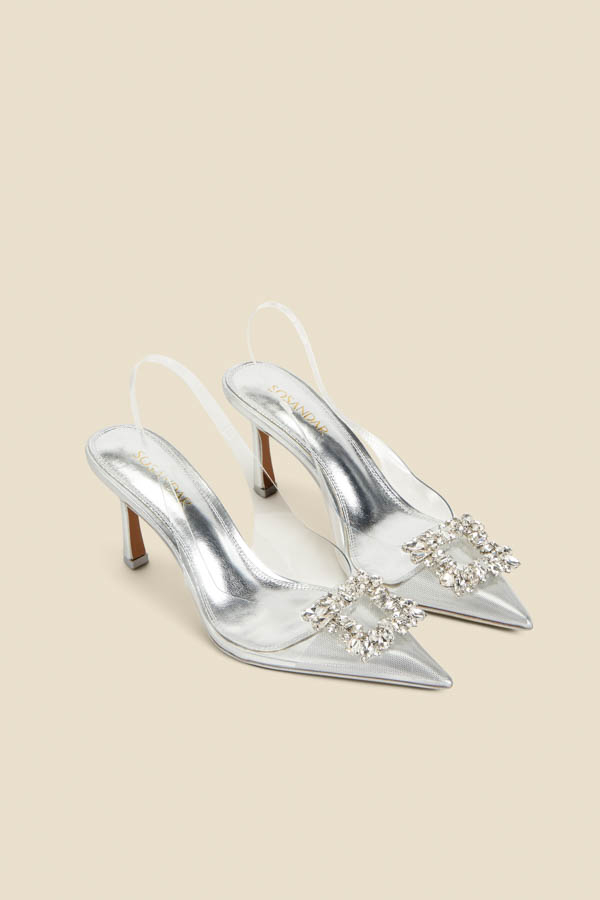 Silver Rhinestone Detail Vinyl Slingback Court Shoes