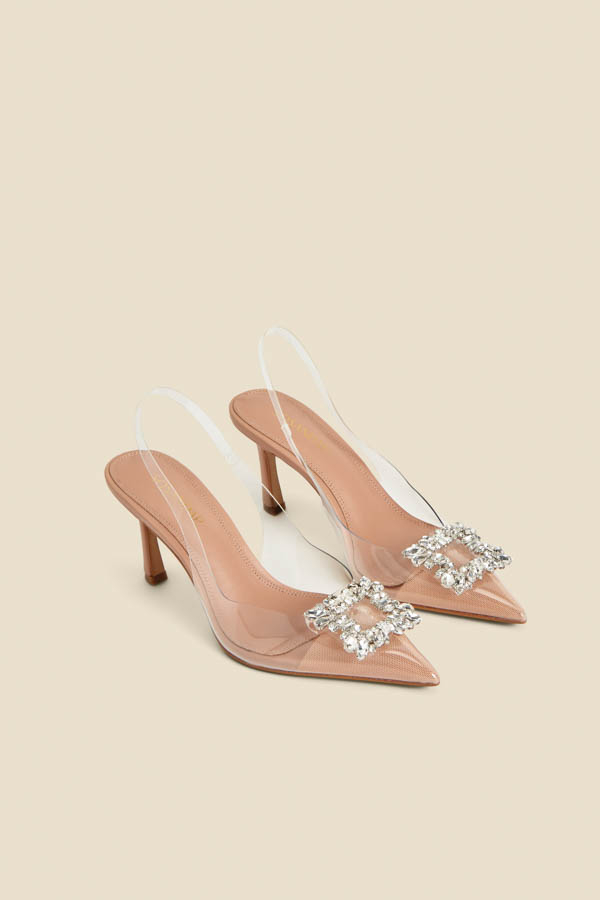 Nude Rhinestone Detail Vinyl Slingback Court Shoes