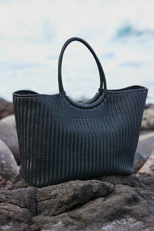 Black Faux Leather Woven Oversized Tote Bag