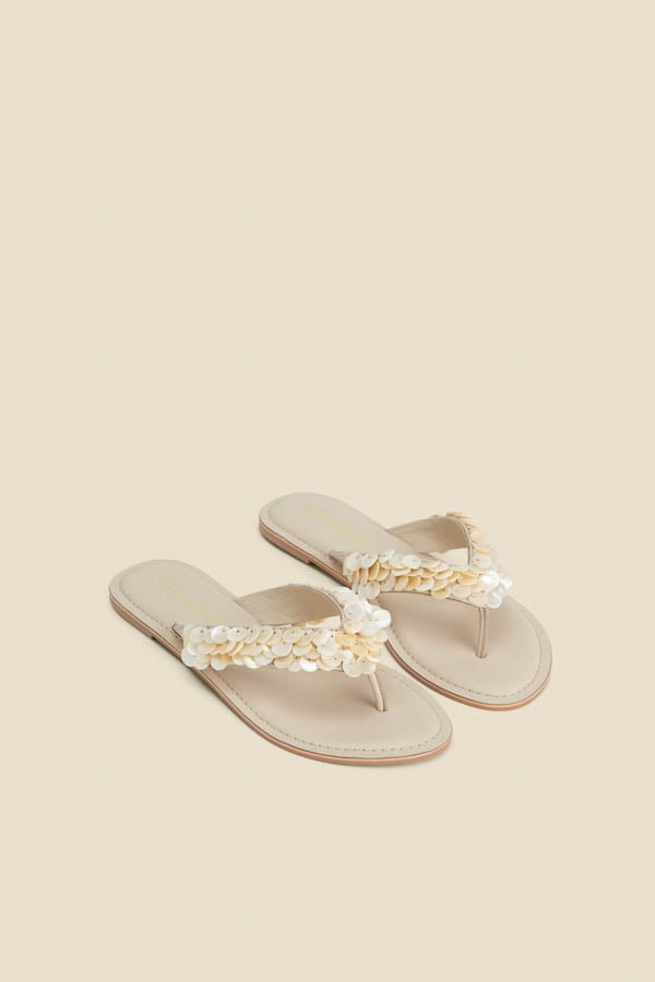Ecru Shell Detail Leather Flip Flops