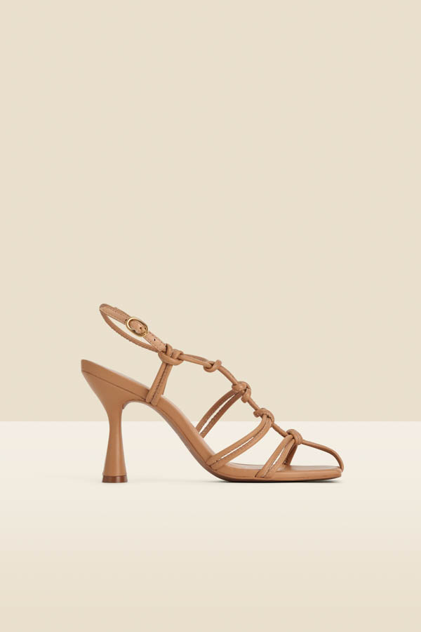 Tan Leather Knot Detail Flared Heel Sandals