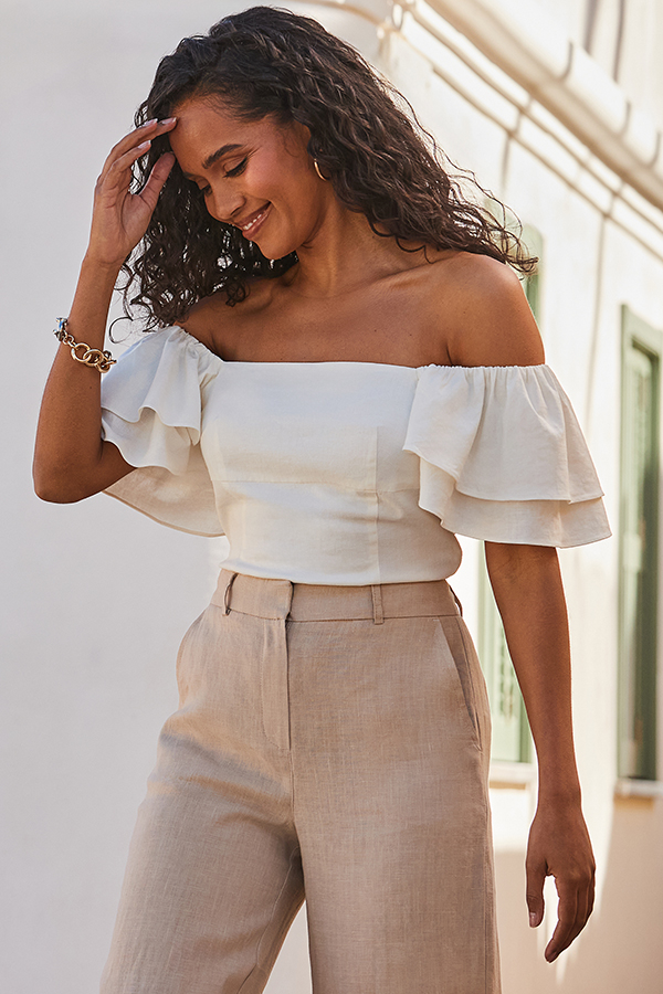Ivory Linen Blend Ruffle Sleeve Top