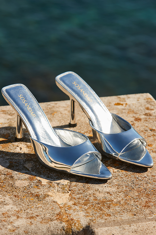 Silver Leather Flared Heel Pointed Toe Mules