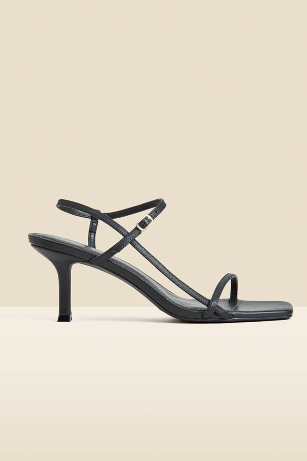Black Leather Mid Heel Square Toe Sandals
