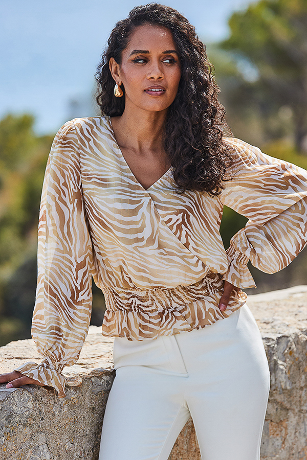 Natural Zebra Print Ruffle Hem Shirred Detail Wrap Top