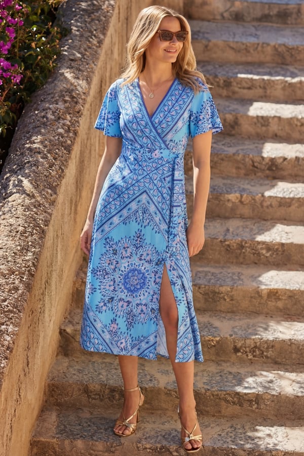 Blue Scarf Print Satin Wrap Midi Dress