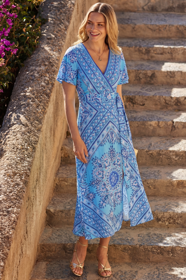 Blue Scarf Print Satin Wrap Midi Dress