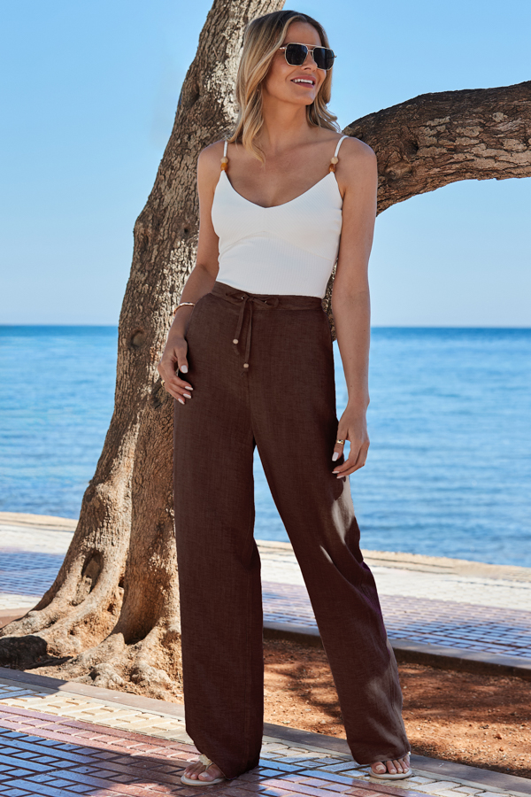 Chocolate Brown Drawstring Waist Wide Leg Trousers