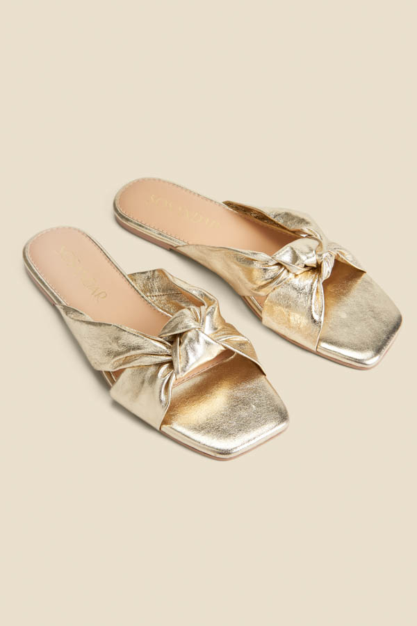 Gold Leather Knot Detail Flat Sandals