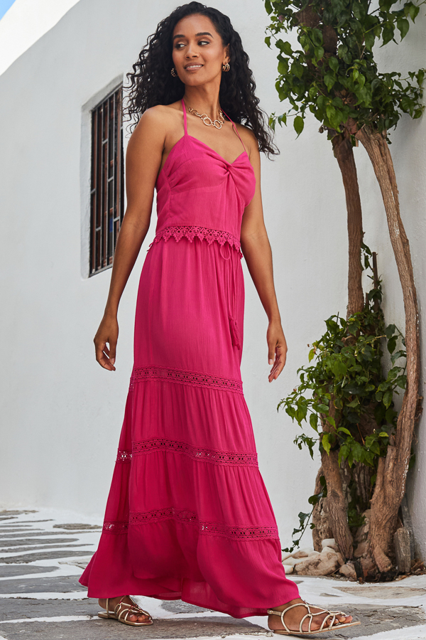 Pink Lace Detail Tiered Hem Maxi Skirt