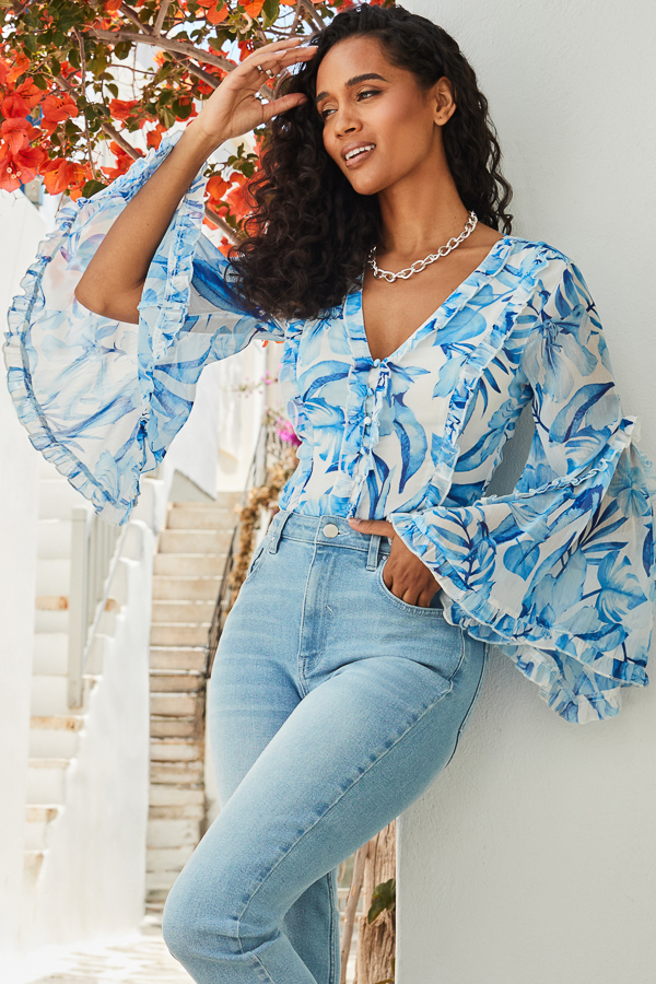 Blue Floral Print Ruffle Detail Blouse